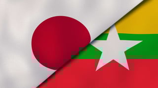 Japan and Myanmar flags overlapping Japan and Myanmar flags overlapping