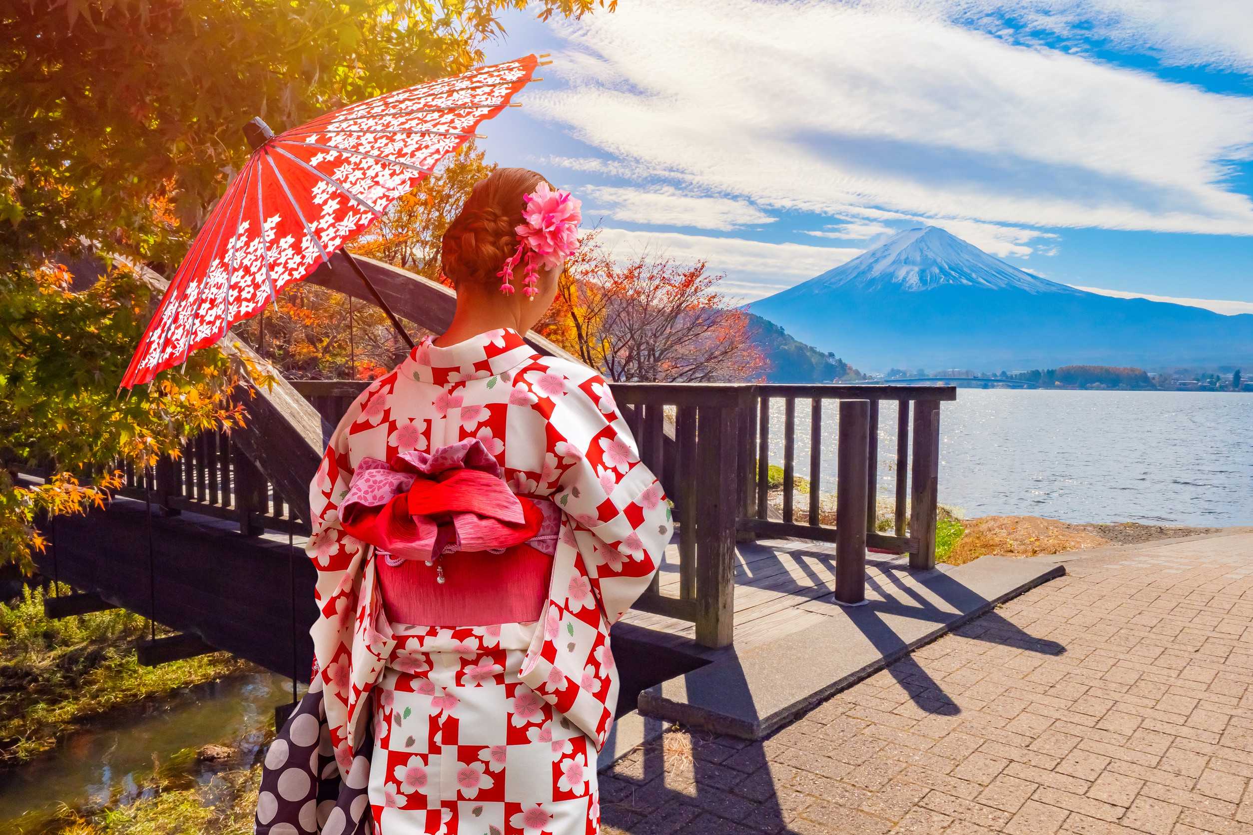 A Japanese Woman Stands At The Bridge Against The Backdrop Of Mount Fuji And Lake Kawaguchiko