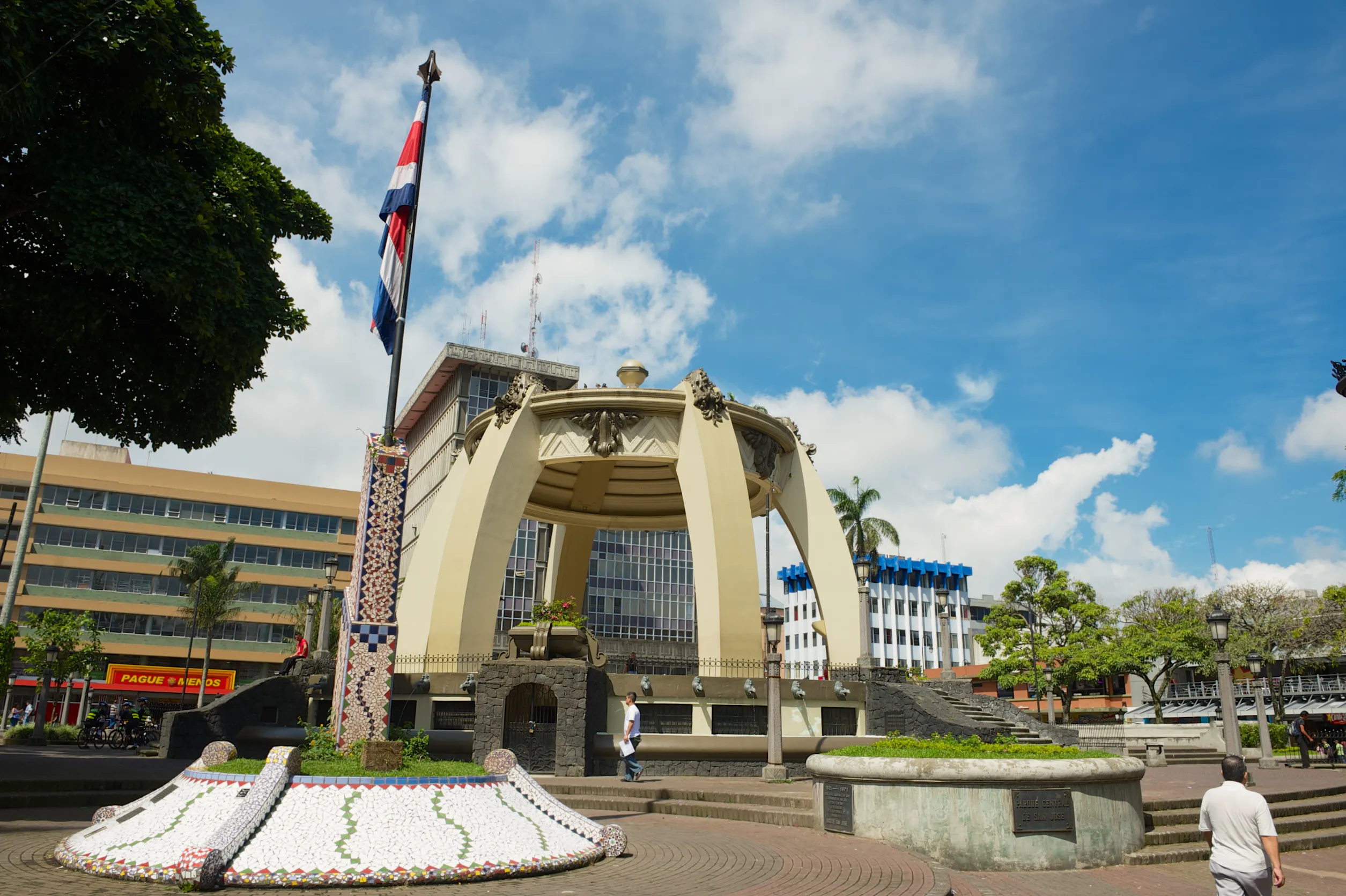 central park with kiosk and national flag in san jose costa rica