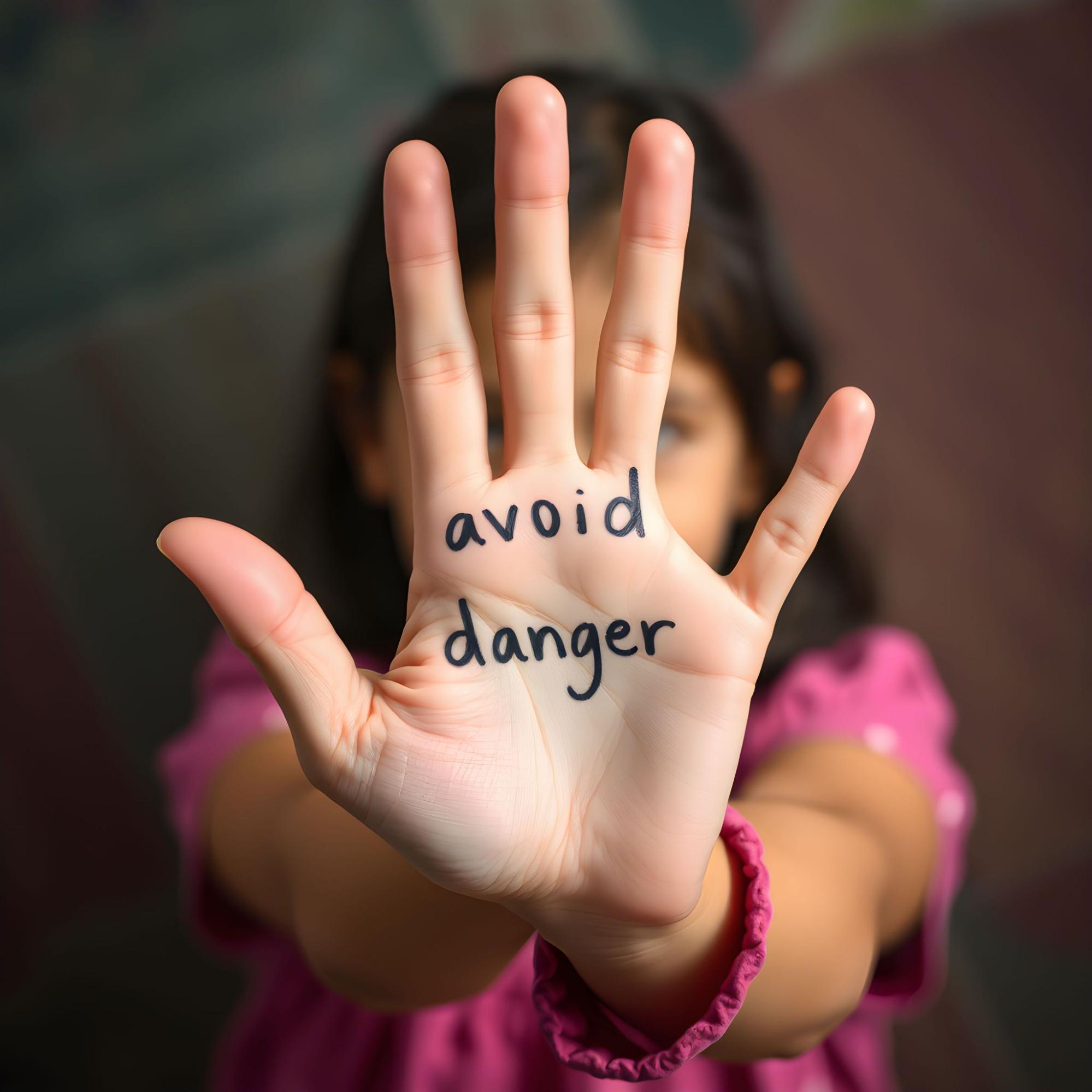A young girl holding up her hand with 'avoid danger' written on her palm