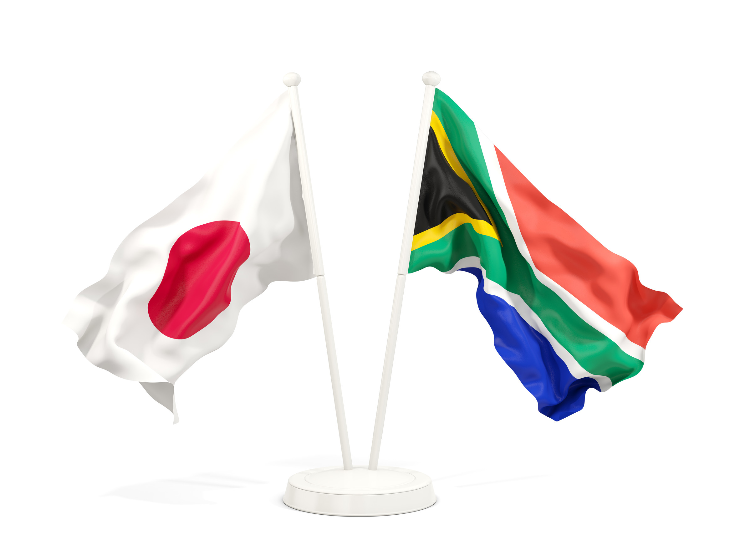 Crossed flags of Japan and South Africa on a white stand Crossed flags of Japan and South Africa on a white stand