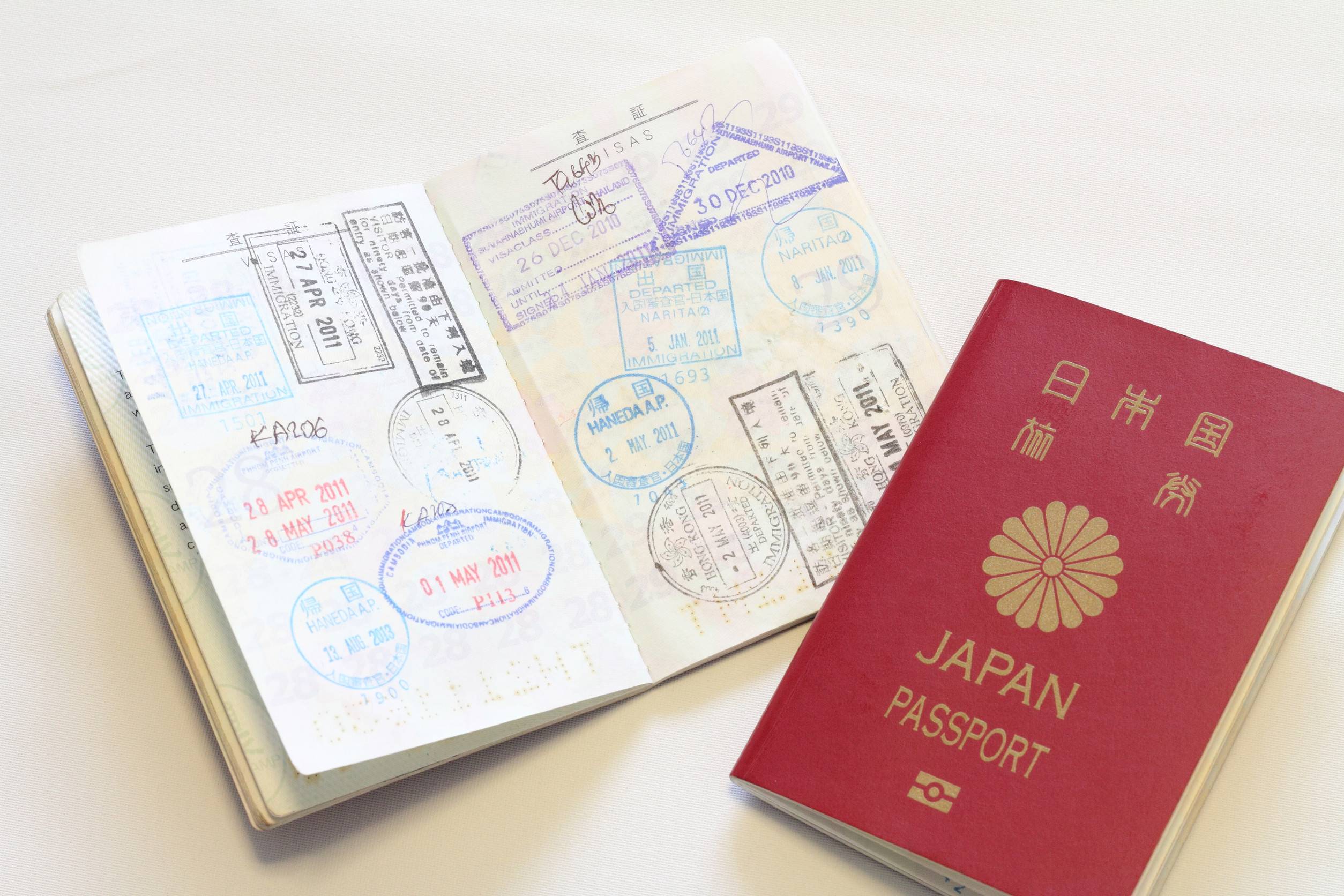 Japanese Passport And Visas On The Passport Red