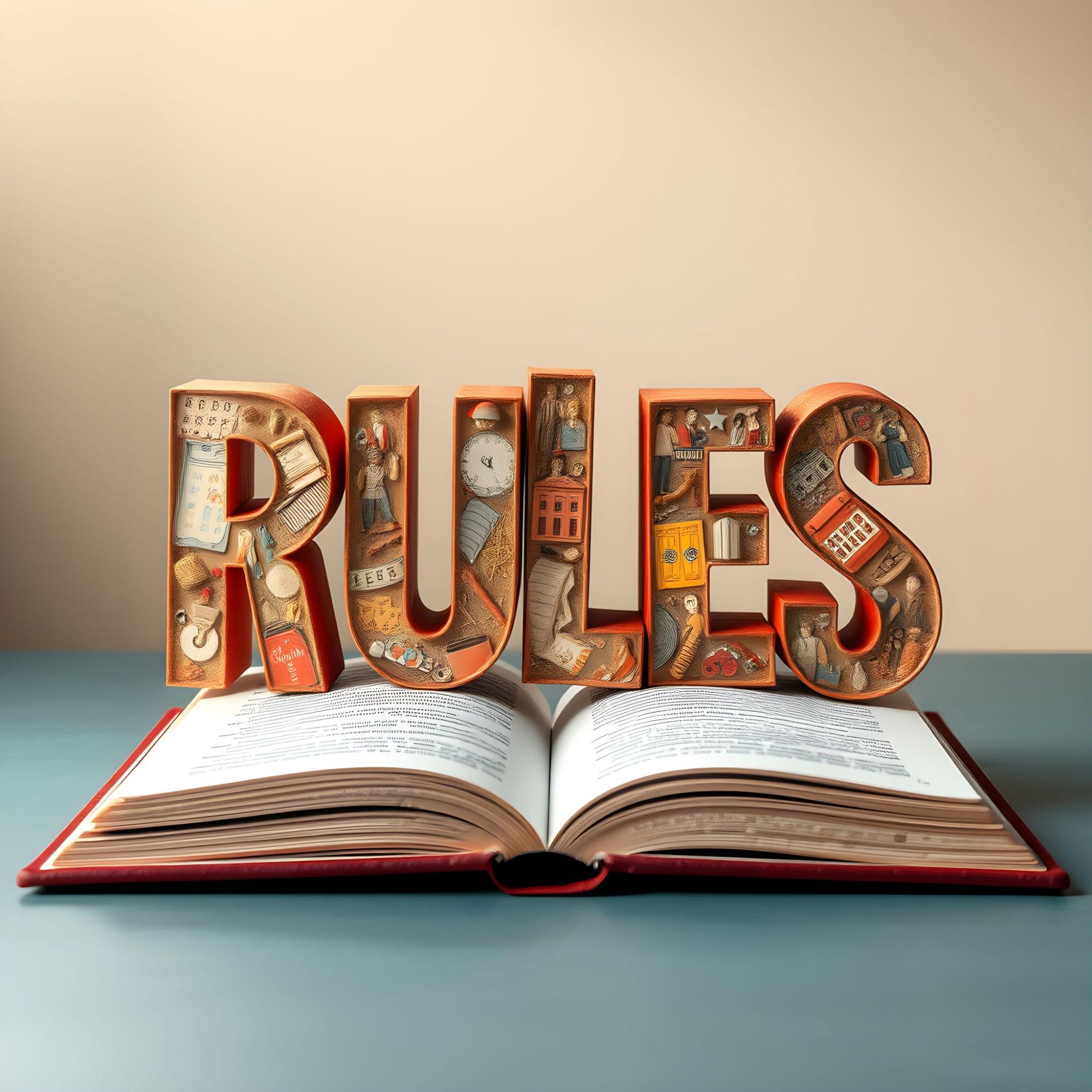 Open book with the word 'RULES' standing on it, filled with miniature objects and symbols