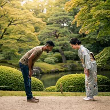 A Japanese person and an African person bowing to each other