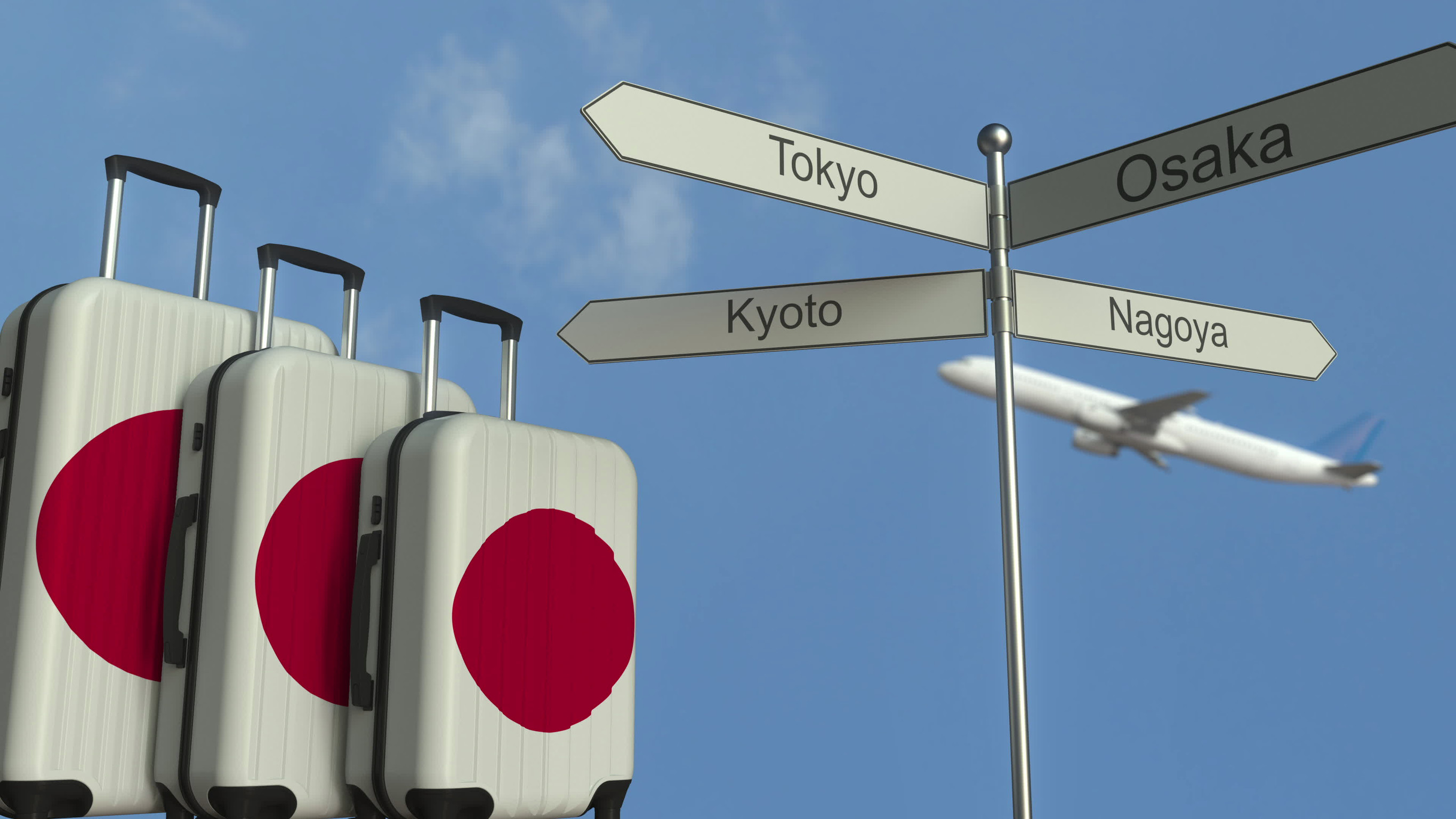 Luggage And Signpost With Japan Destinations
