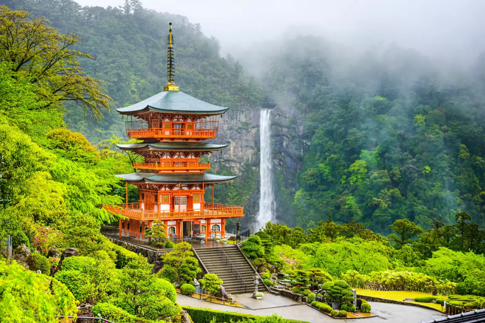 nachi japan at the pagoda of seigantoji and nachi no taki waterfall.