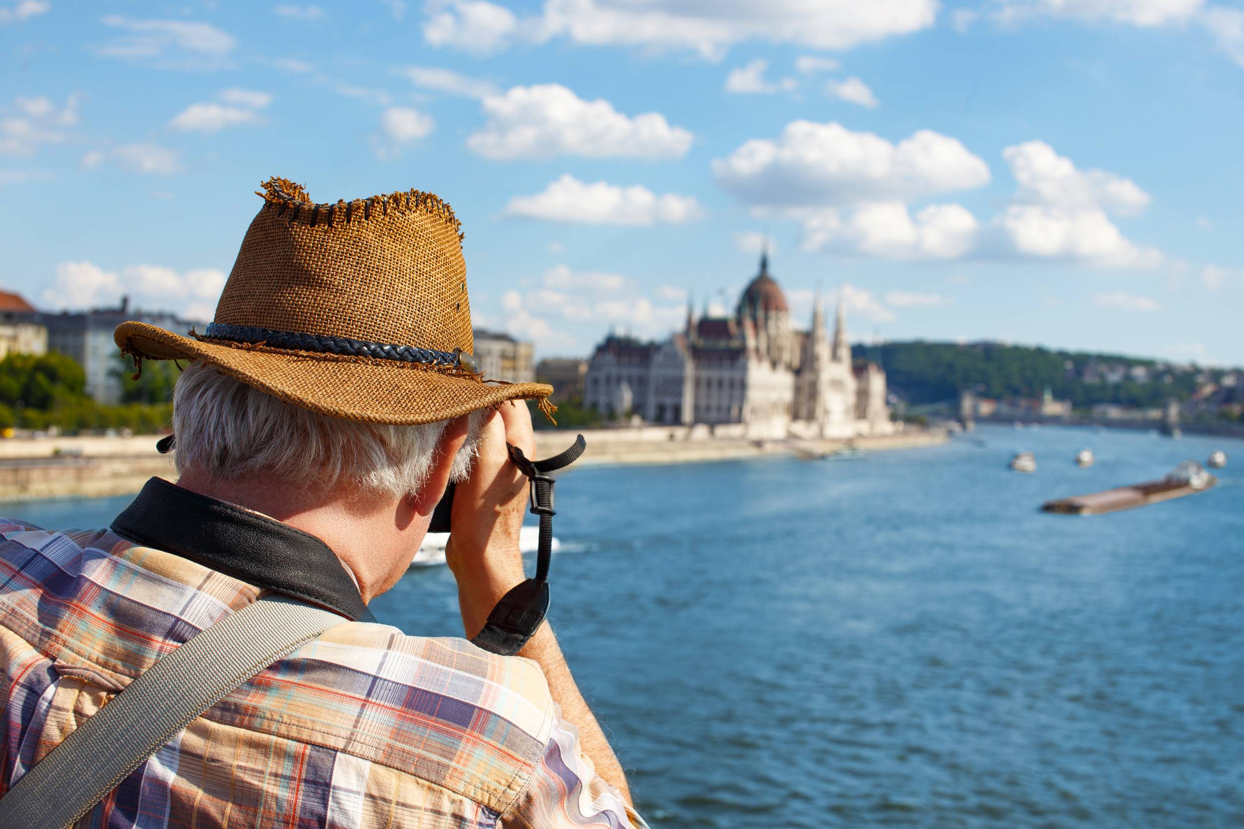 Old Pensioner Tourist Shooting Parliament Building At Budapest Hungary