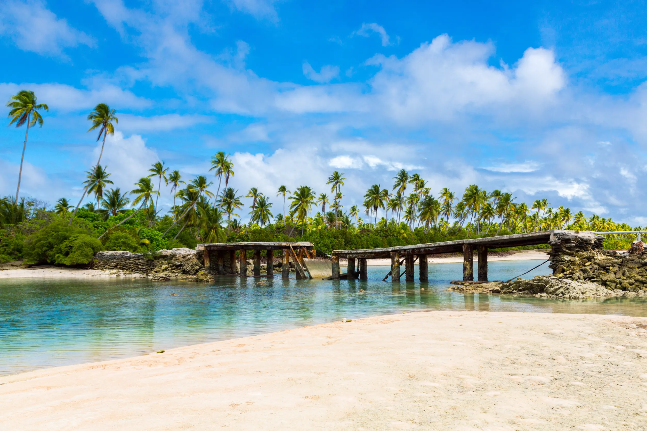 palm trees between islets over lagoon north tarawa atoll kiribati micronesia