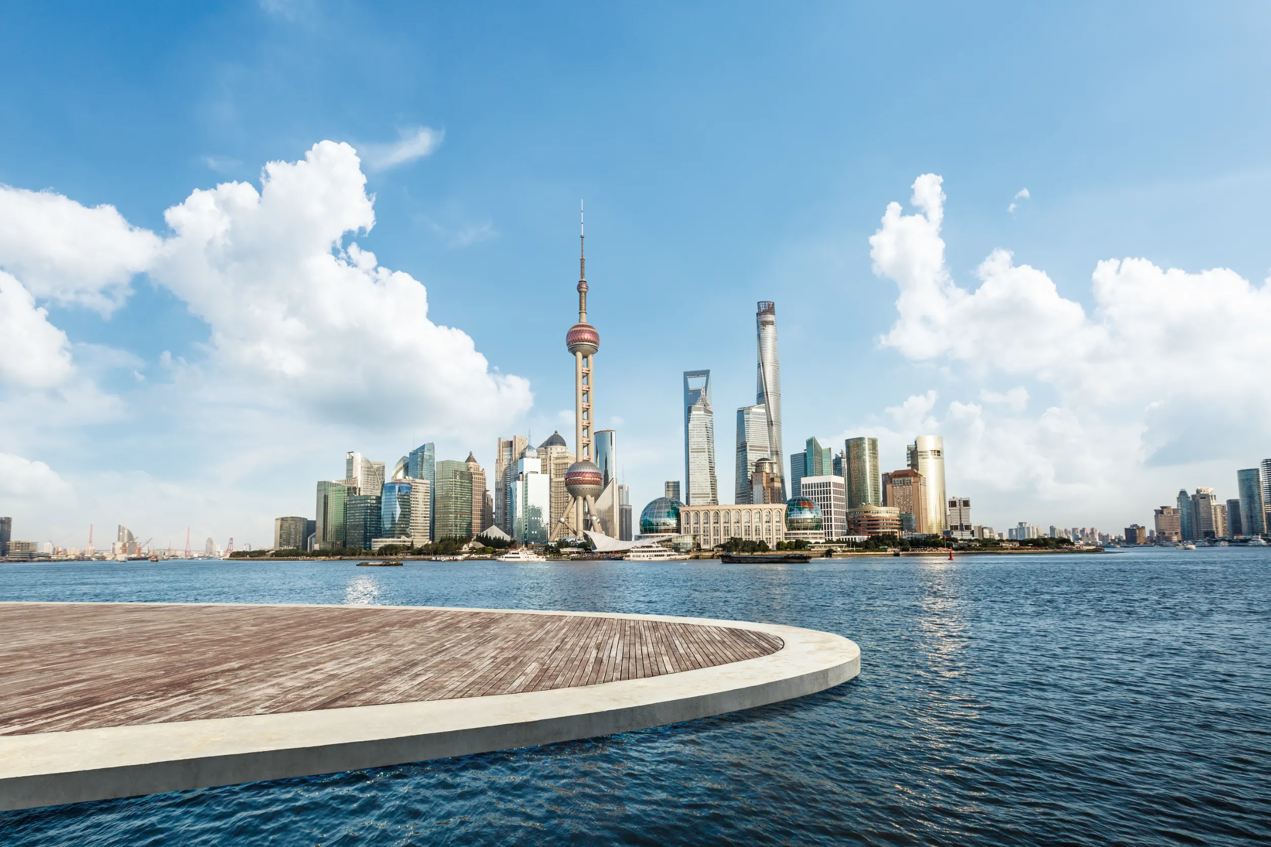 shanghai city square wooden platform and modern commercial building scenery china