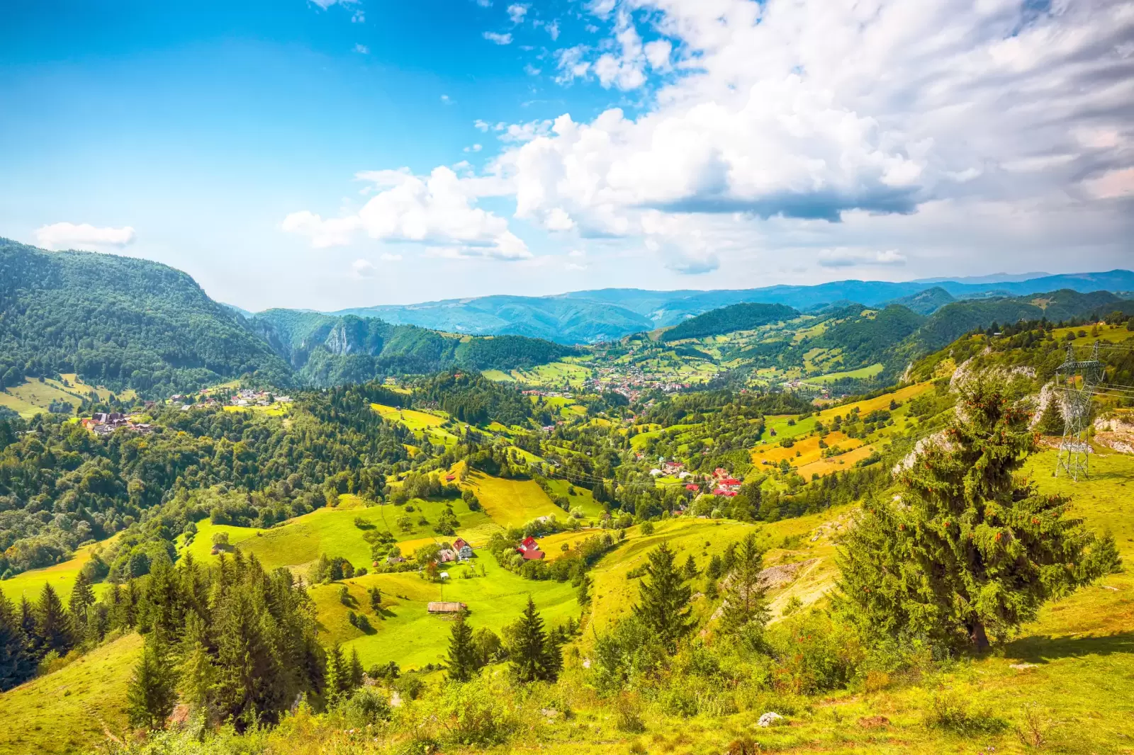stunning alpine landscape with green fields and piatra craiului mountains