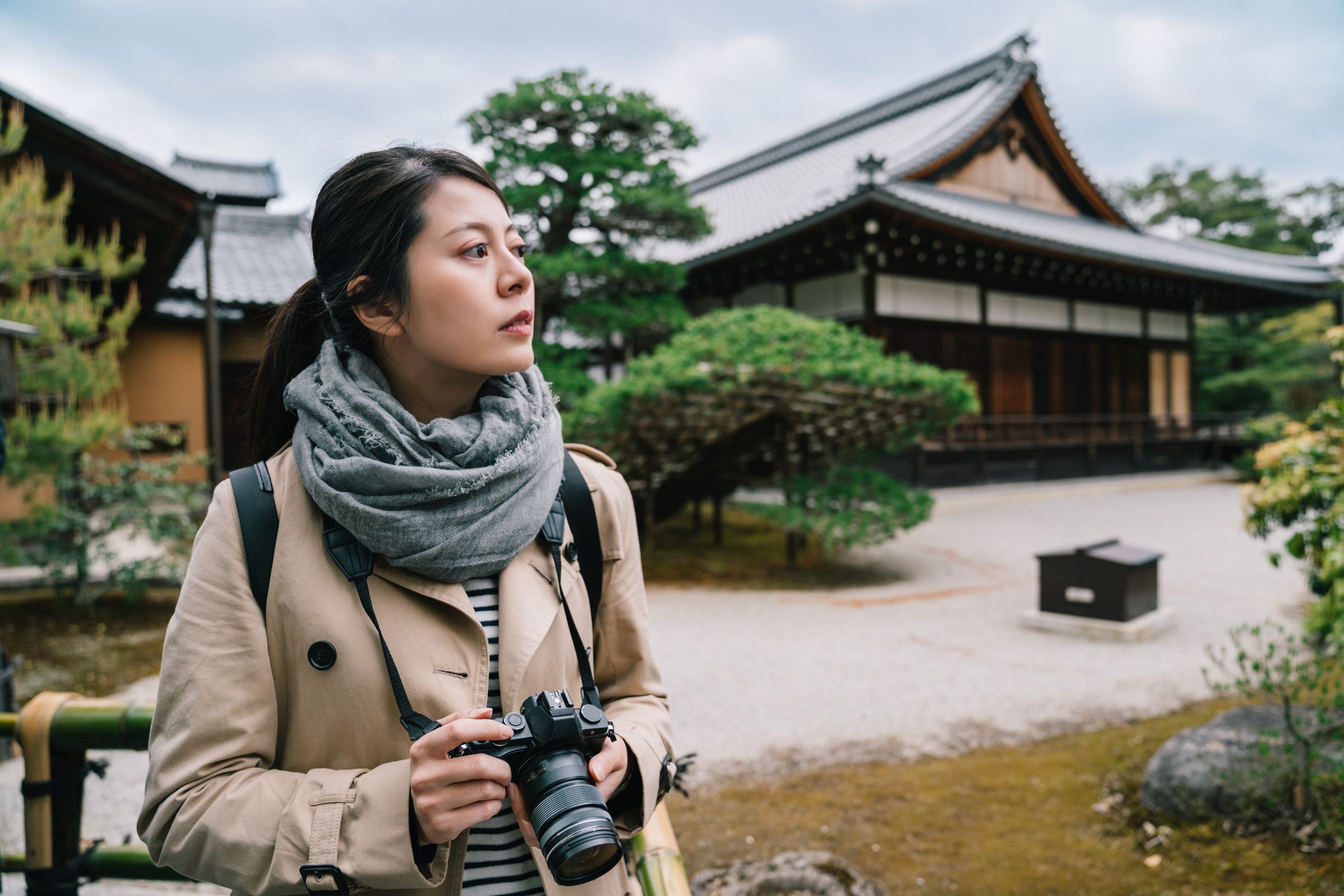 Travel Photographer Holding Camera And Searching Beautiful View In The Temple