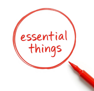 Red circle with 'essential things' written inside
