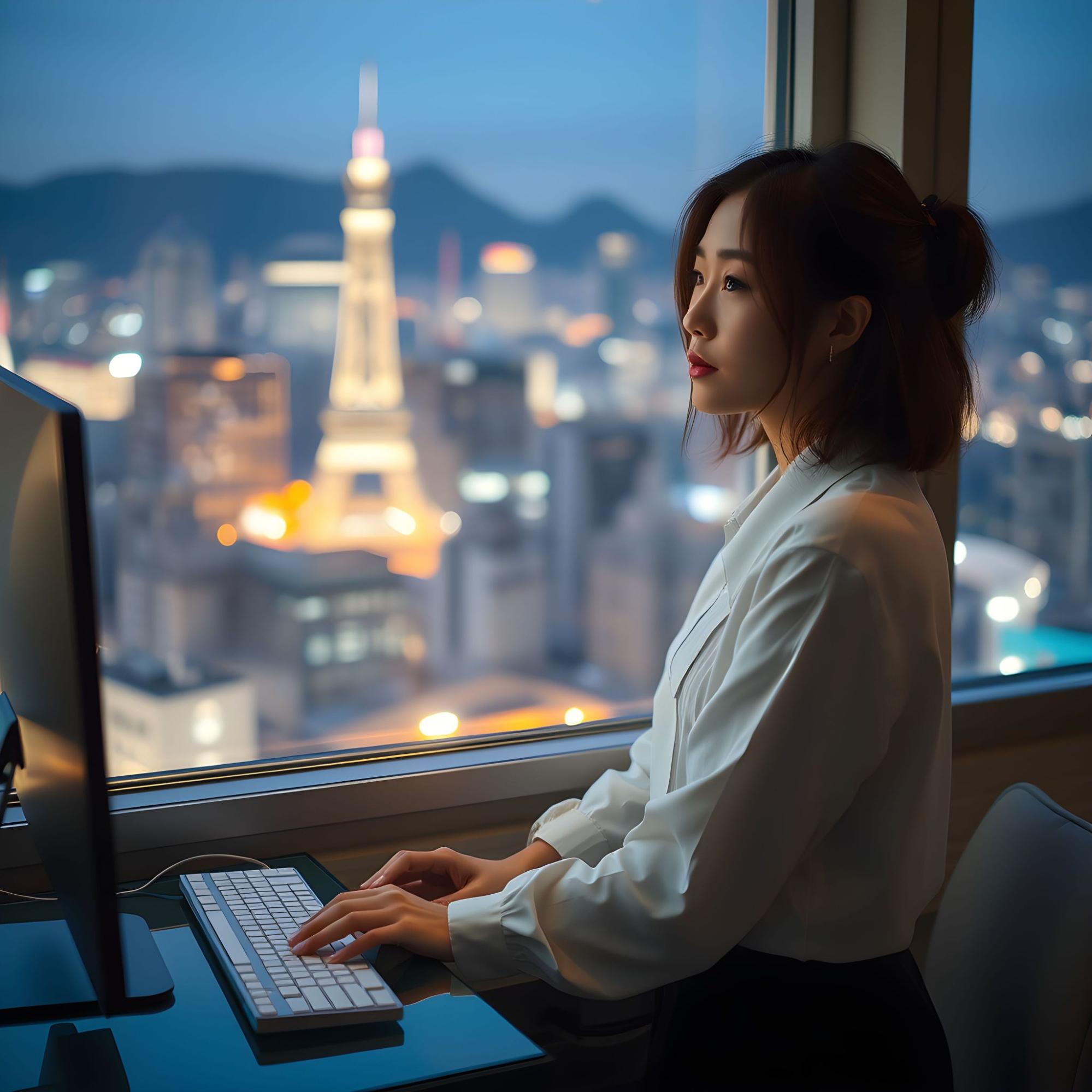Woman at computer overlooking city skyline Woman at computer overlooking city skyline